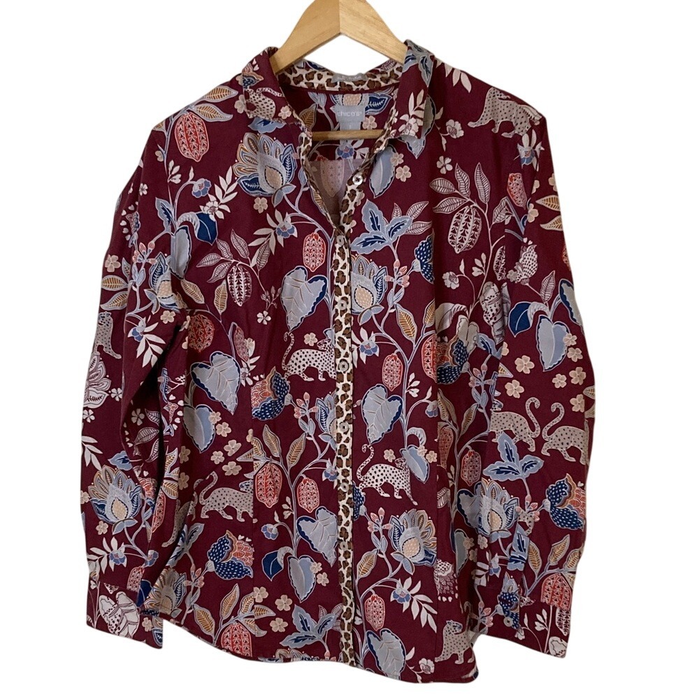 Chicos Womens No Iron Chic Stretch Button Up Shirt Size XL Leopard Floral Cotton